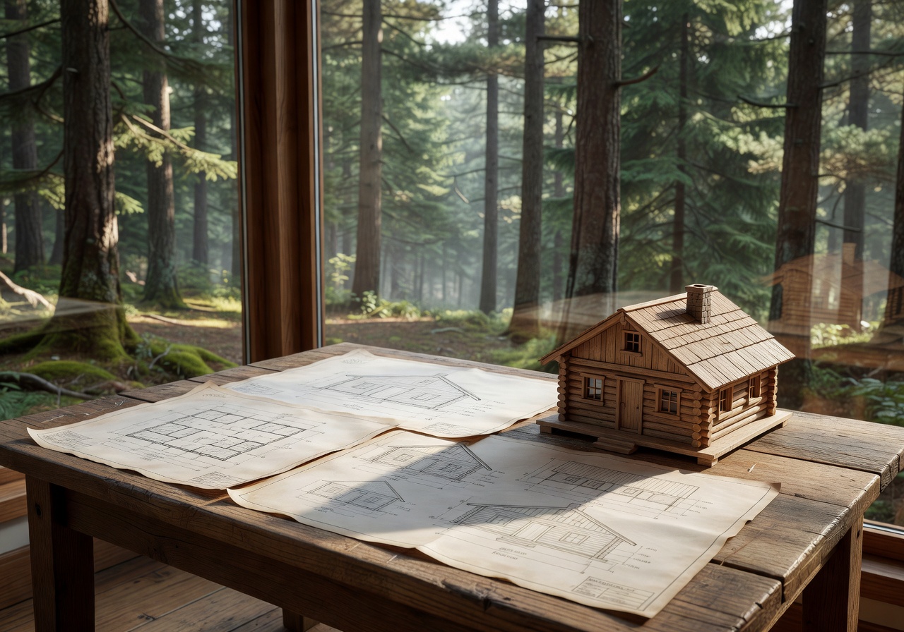 Architectural blueprints and wooden cabin model on a design table with forest view