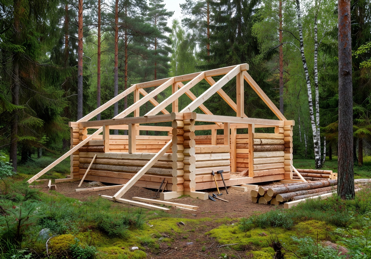 Cabin construction in progress with wooden framework and Finnish forest in background