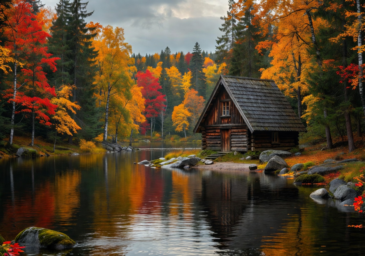 A-Frame cabin project by a lake in Savonlinna Finland during autumn