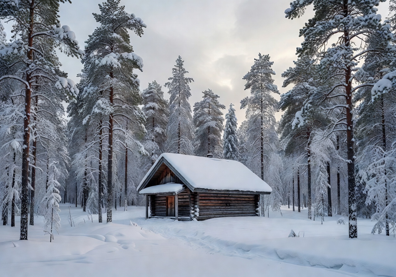 Completed cabin project in Finnish Lapland surrounded by snow-covered pine trees