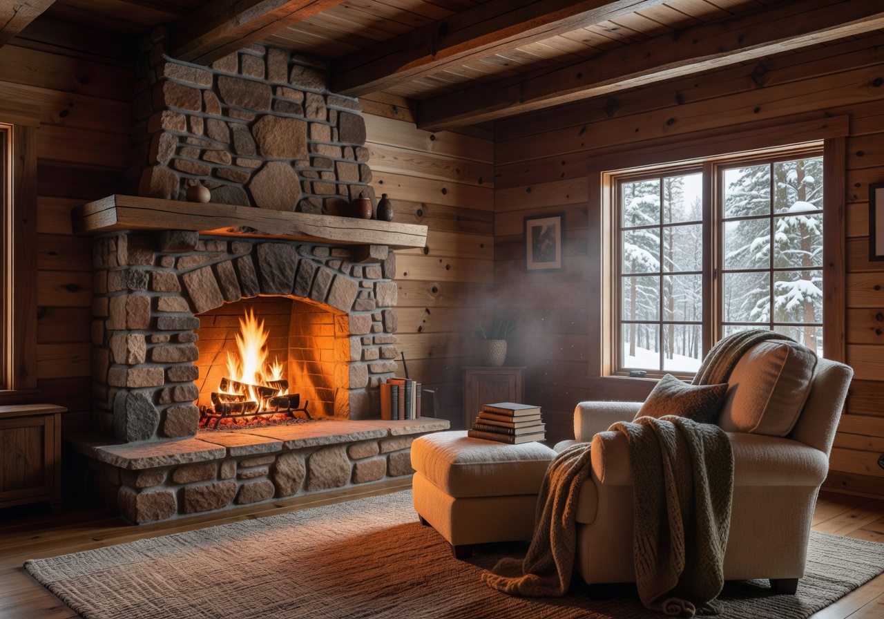 Modern Scandinavian wooden cabin in a Finnish forest surrounded by pine trees and snow with warm lighting inside