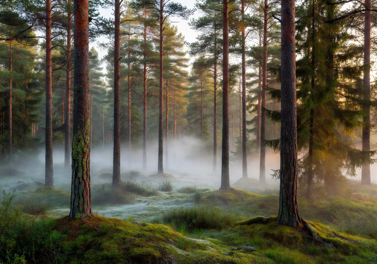 Finnish forest with tall pine trees and morning mist representing our commitment to nature