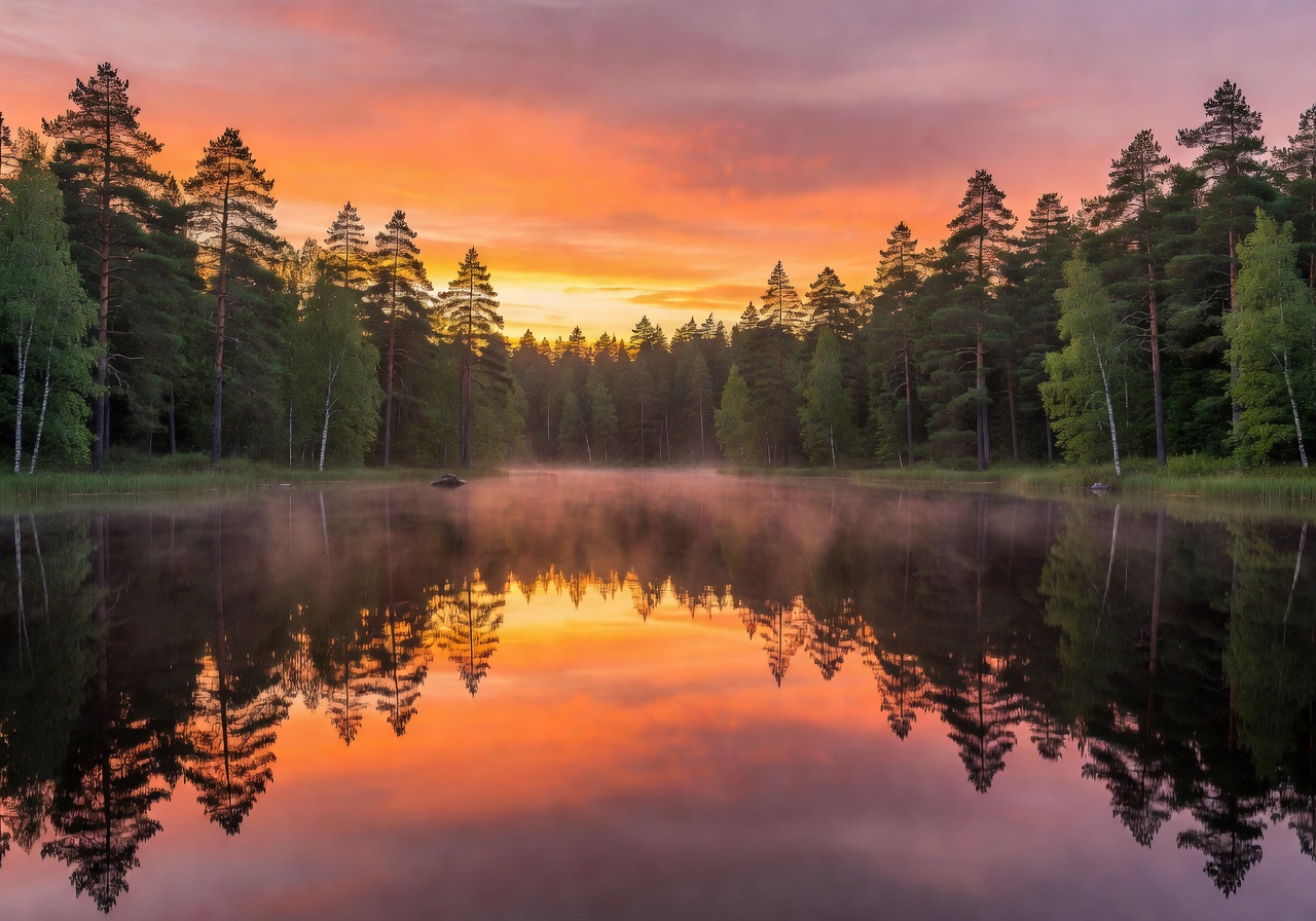 Serene Finnish forest lake at sunset with pine trees reflecting in still water
