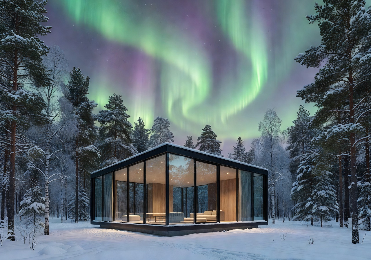 Glass cabin in Finnish forest with modern architecture and panoramic views of northern sky