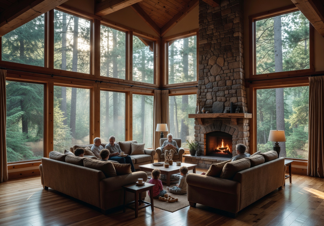 Large family cabin with open living area and floor-to-ceiling windows overlooking forest