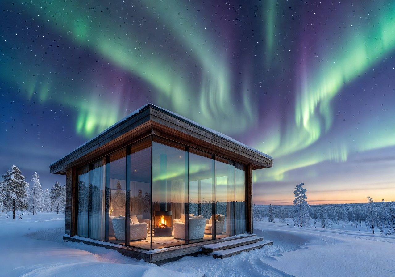 Luxury glass cabin in Finnish forest with panoramic windows and modern interior