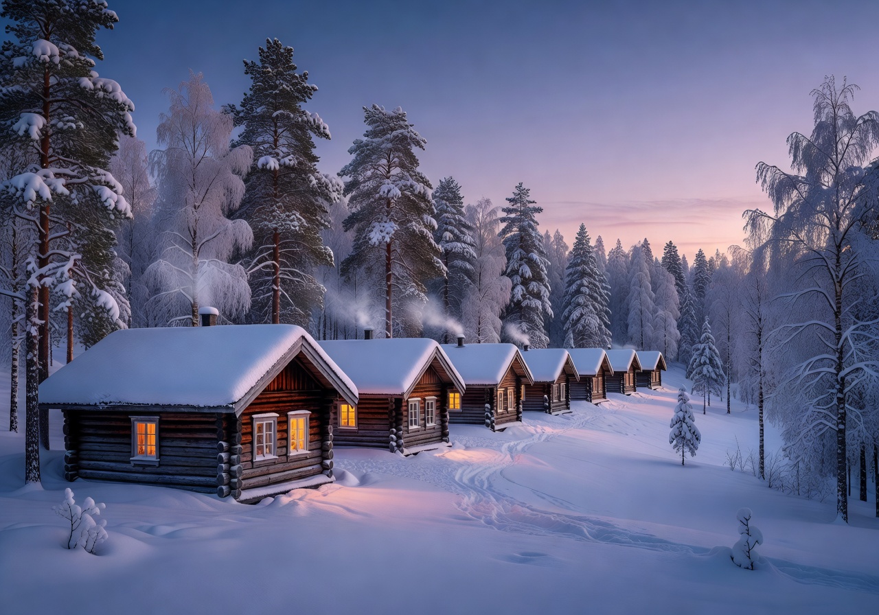 Row of wooden cabins in a snowy Finnish forest landscape at twilight