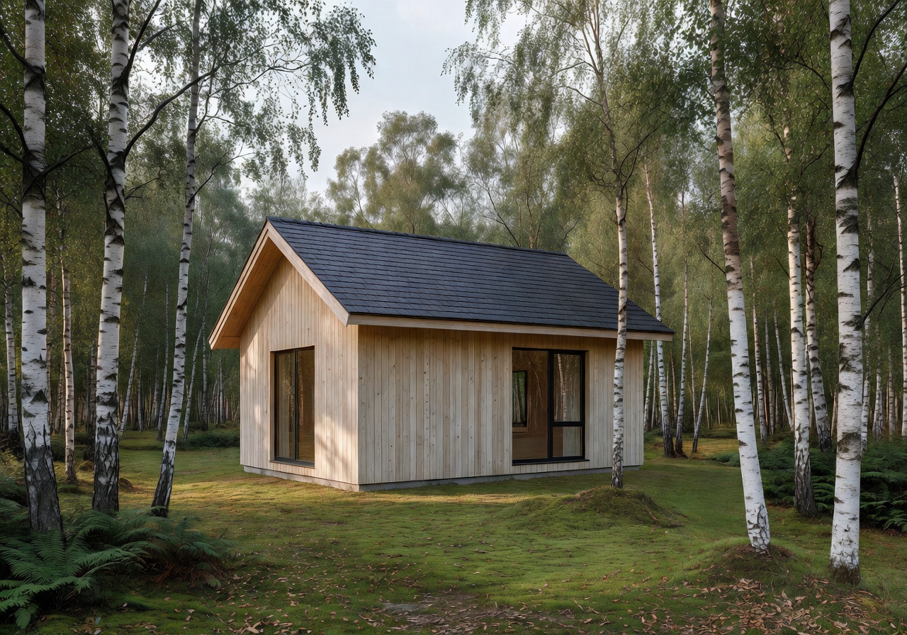 Compact wooden cabin with minimalist Scandinavian design in a forest clearing