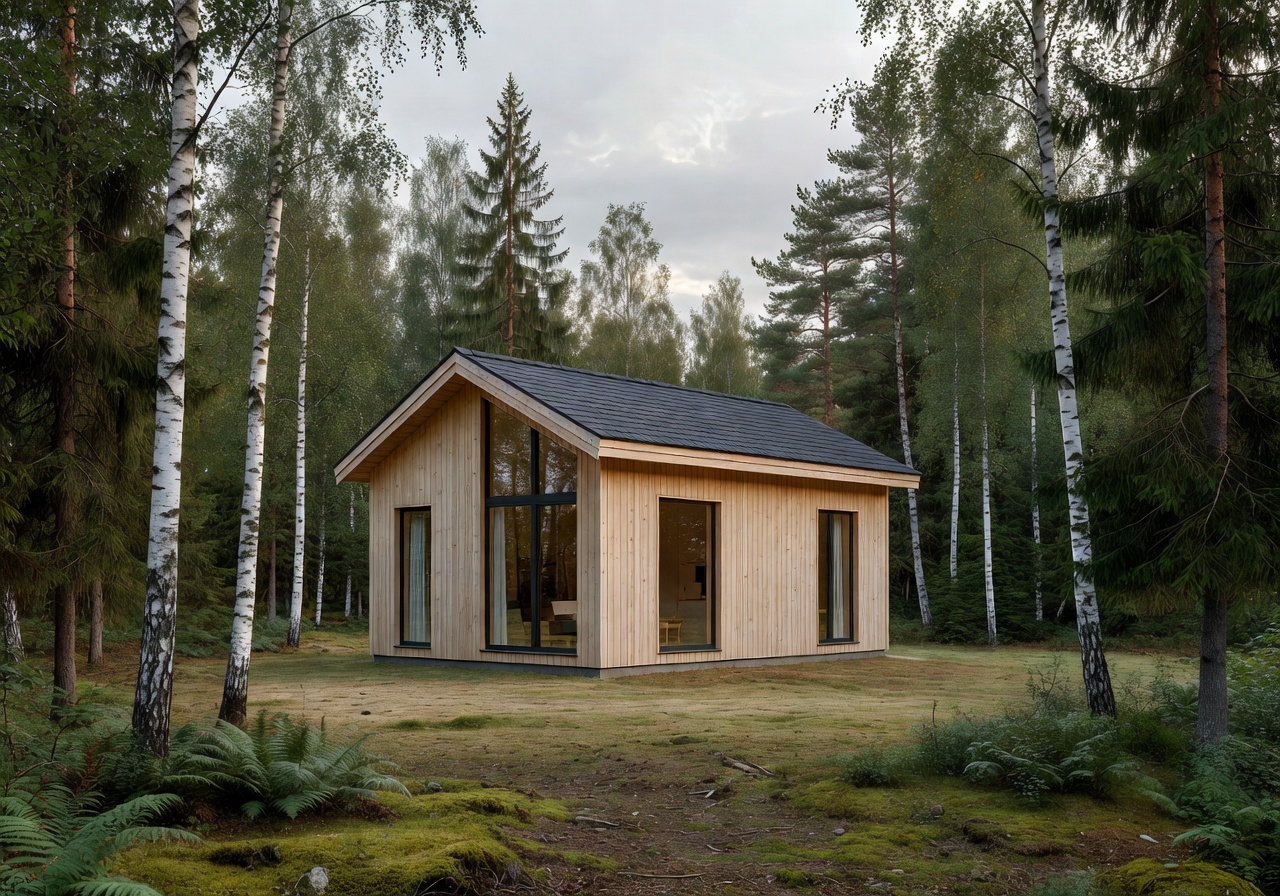 Small Scandinavian wooden cabin with minimalist design in a forest clearing
