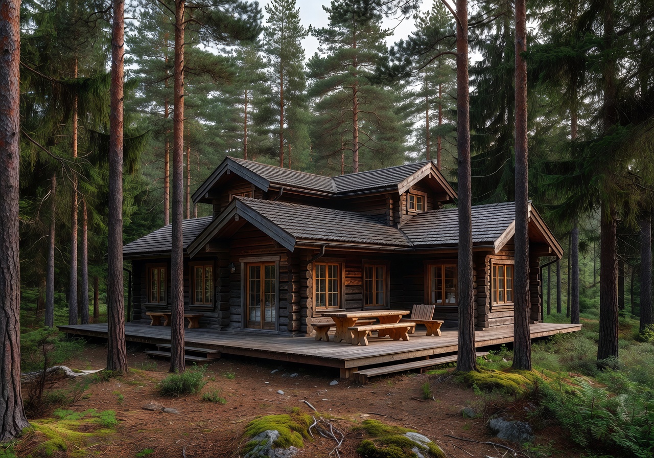 Family-sized wooden cabin with large windows and modern Finnish architecture
