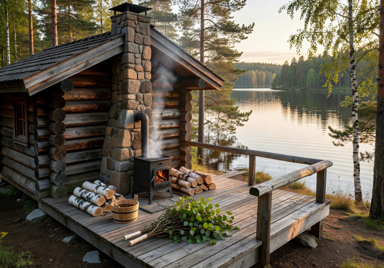 Traditional Finnish sauna cabin with wood-fired stove and lakeside terrace