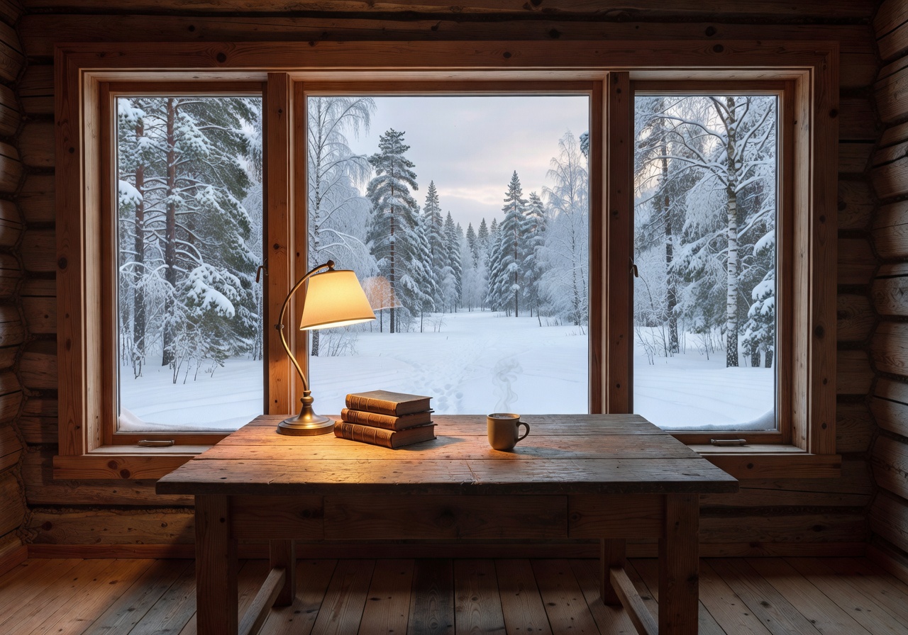 Warm cabin interior with desk and window overlooking snowy Finnish forest